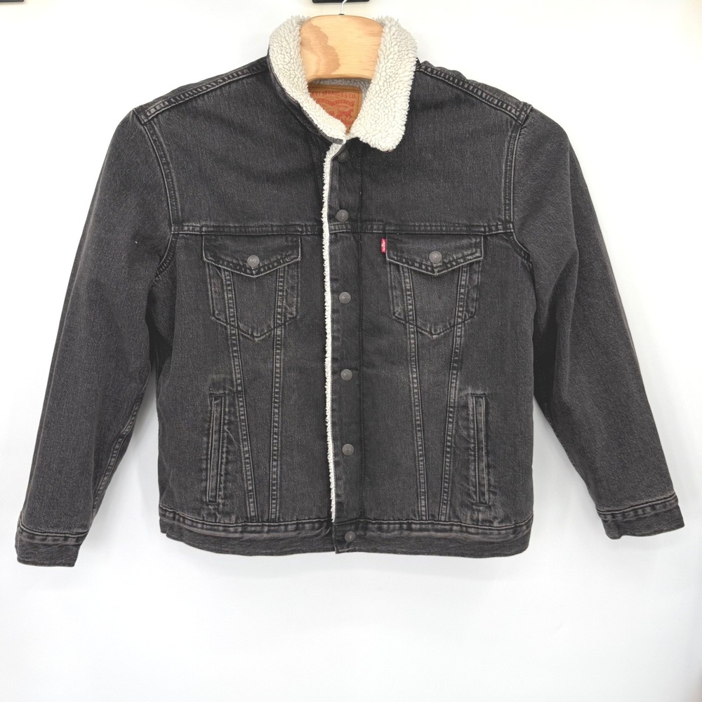 Levi's Denim Jacket Mens L Black Sherpa Lined Trucker Type III 16365-0187 Faded